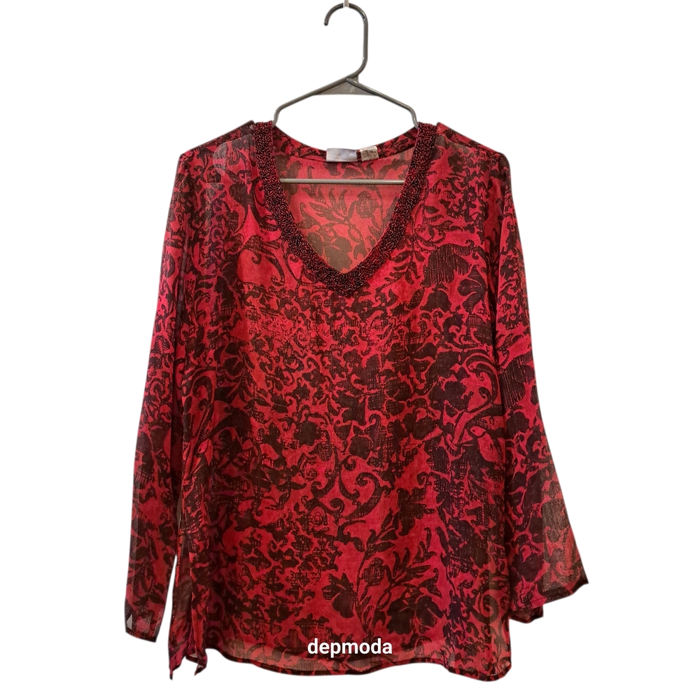 Chicos 100% silk Tunic top floral  Elegant Red and Black Patterned size M
